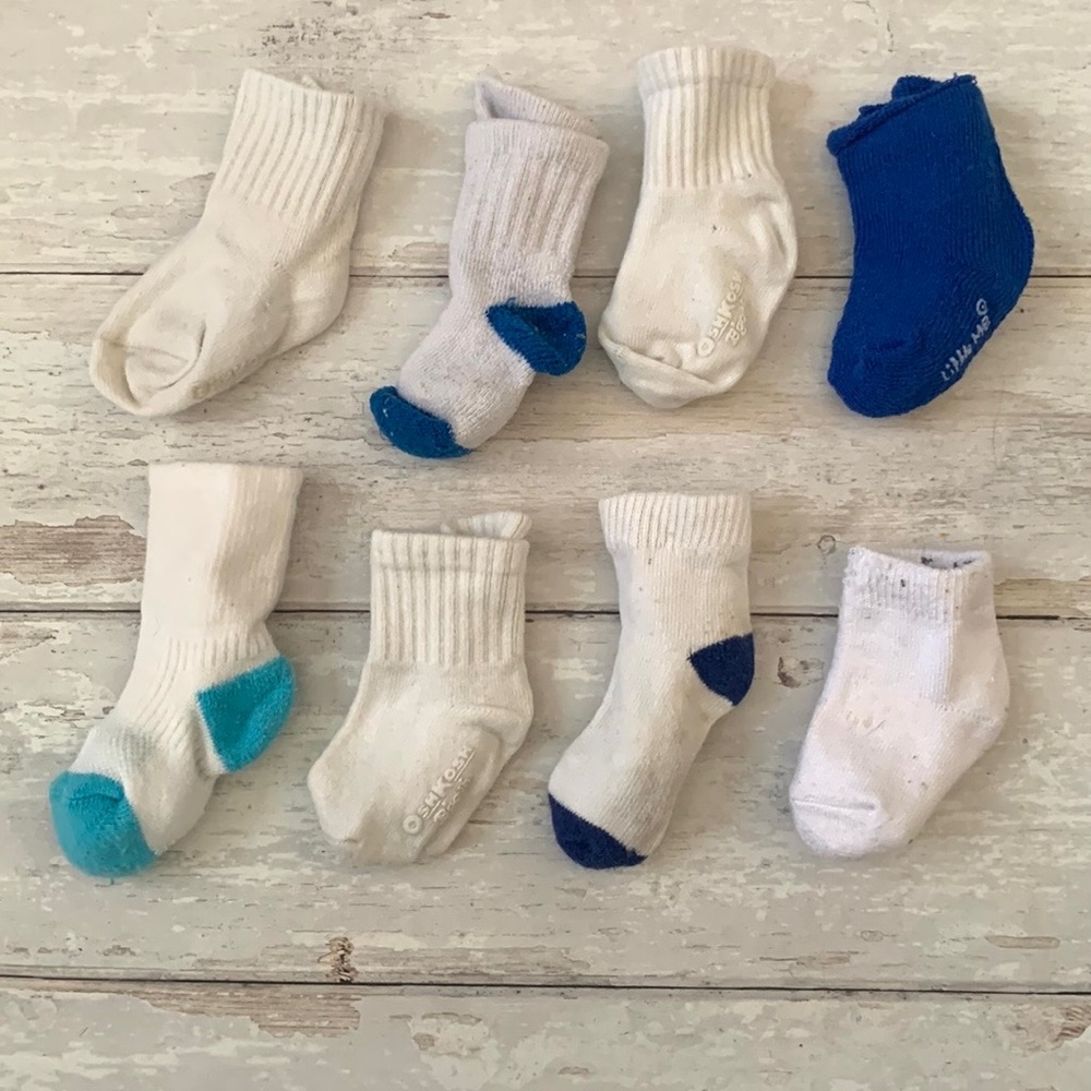 OshKosh 0-6m Baby Boy Crew Socks Bundle Lot 8 Pairs Kids Sock White Blue